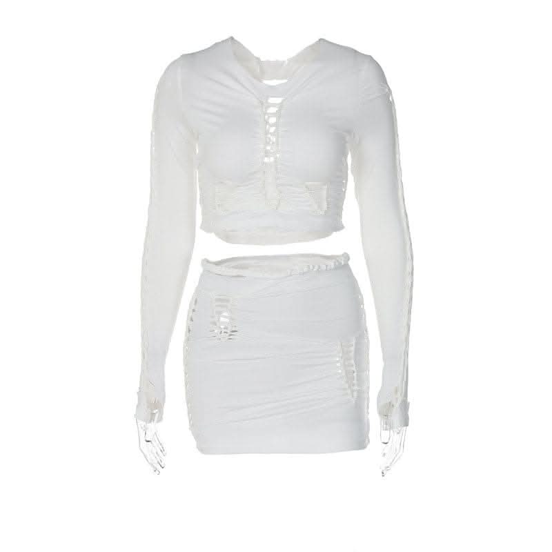 Long sleeve solid hollow out round neck ruched crop top skirt set-final-sale  | Festival Outfits Women