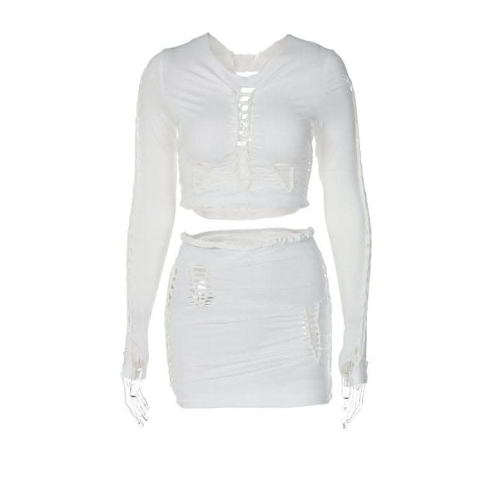 Long sleeve solid hollow out round neck ruched crop top skirt set-final-sale  | Festival Outfits Women