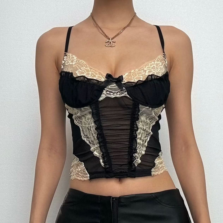 Lace hem contrast ruffle ruched patchwork cross back crop top-final-sale