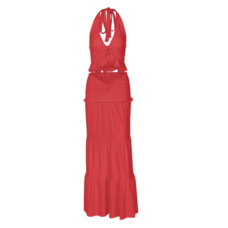 Halter v neck ruffle ruched maxi dress skirt set | Festival Outfits Wo Halibuy Halter v neck ruffle ruched maxi dress skirt set | Festival Outfits Wo Halibuy