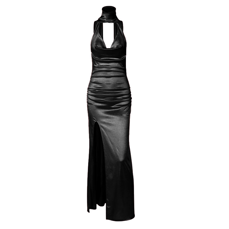 Halter cowl neck ruched backless slit maxi dress  | Festival Outfits Women