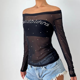 Off shoulder long sleeve beaded sheer mesh solid top  | Festival Outfits Women-final-sale