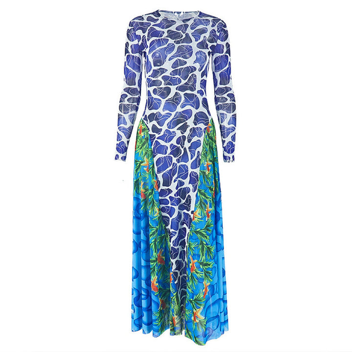 Long sleeve crewneck contrast print maxi dress  | Festival Outfits Women