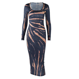 U neck long sleeve print maxi dress  | Festival Outfits Women