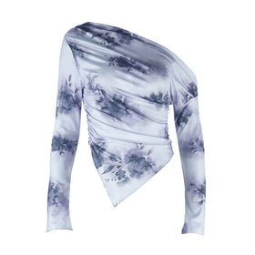One shoulder long sleeve flower print irregular top  | Festival Outfits Women