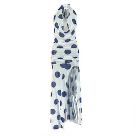 Halter high slit polka dot ruched mesh maxi dress  | Festival Outfits Women