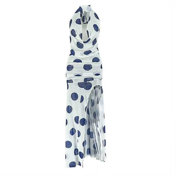 Halter high slit polka dot ruched mesh maxi dress  | Festival Outfits Women