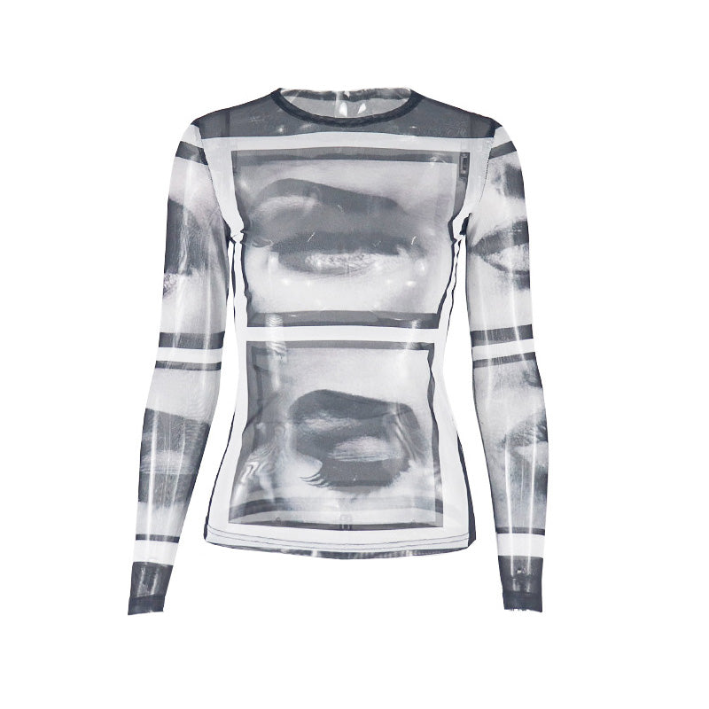 Long sleeve abstract crewneck mesh top  | Festival Outfits Women