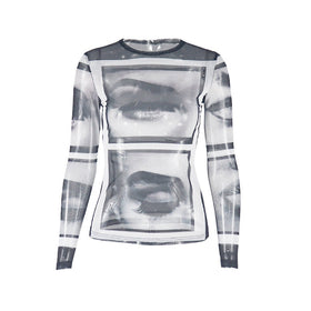 Long sleeve abstract crewneck mesh top  | Festival Outfits Women