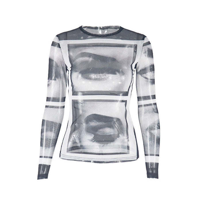 Long sleeve abstract crewneck mesh top  | Festival Outfits Women