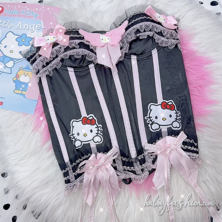 Lace hem bowknot Kitten embroidery tube top