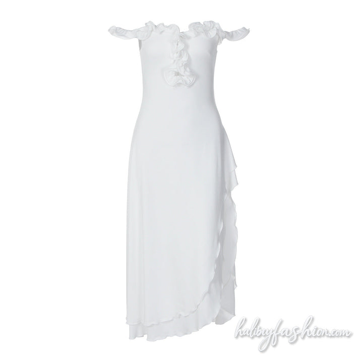 Off shoulder ruffle slit irregular hollow out midi dress - Halibuy