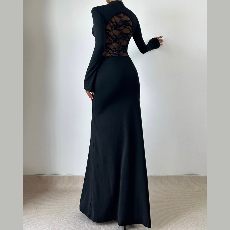 Long sleeve high neck lace patchwork maxi dress-final-sale