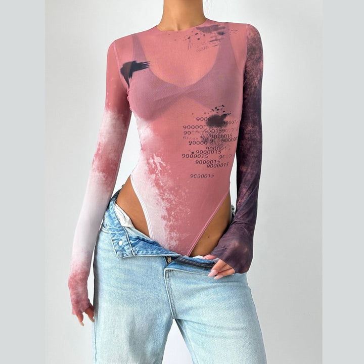 Long sleeve crewneck print sheer mesh bodysuit  | Festival Outfits Women-final-sale