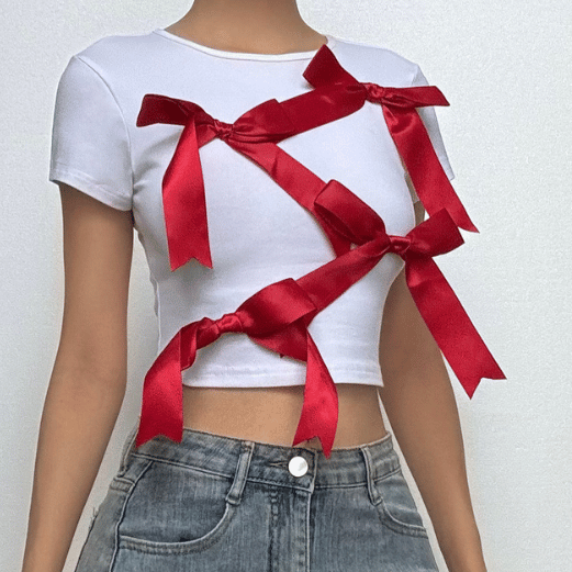 Takalmin ɗaukar kaya na gajeren hannu na bowknot crewneck | Kayan Biki na Mata