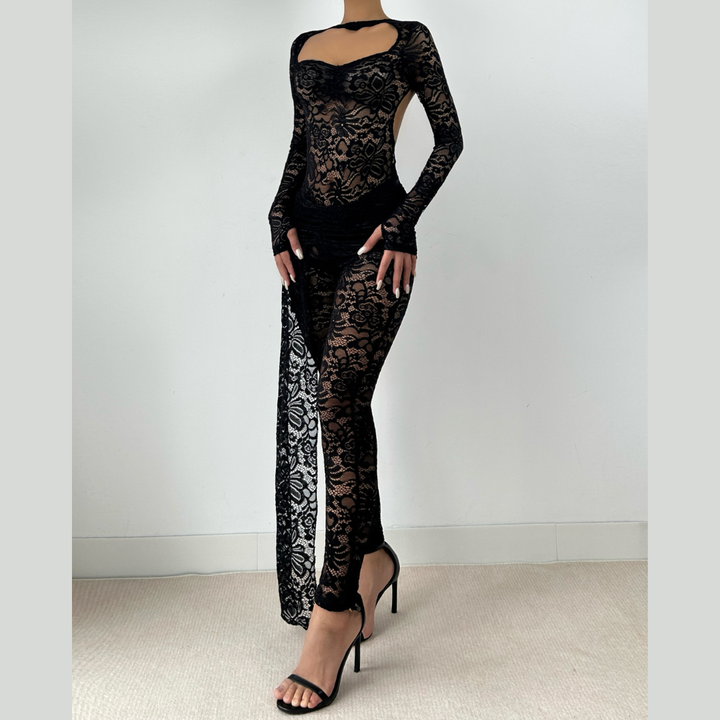 Long sleeve ruched hollow out lace pant set  | Festival Outfits Women