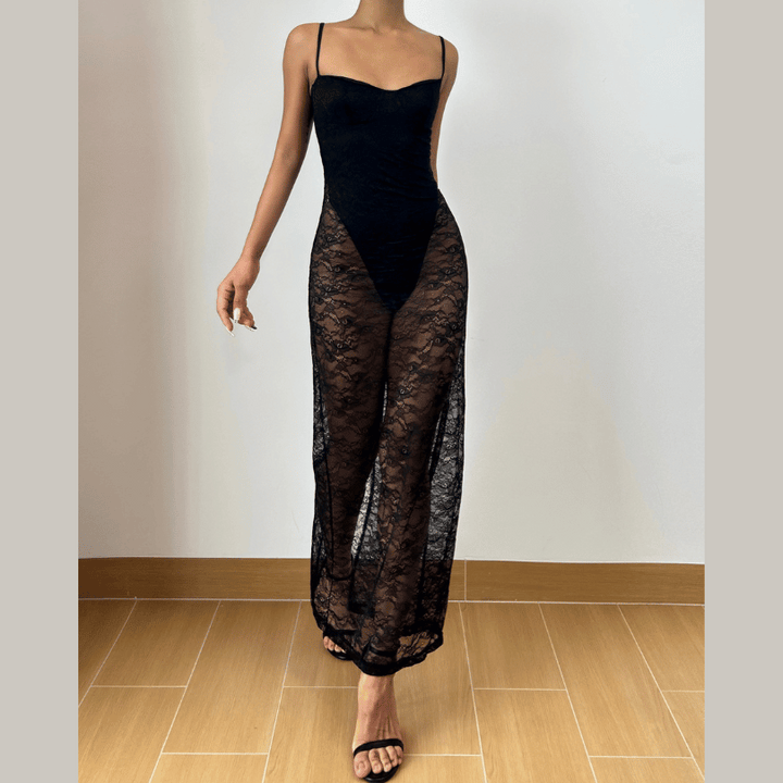 Slit v neck lace backless cami midi dress  | Festival Outfits Women-final-sale