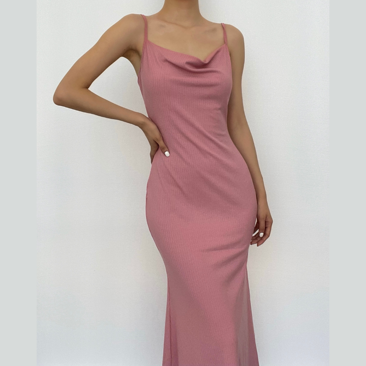 Sleeveless solid ribbed cowl neck backless ruffle maxi dress-final-sale  | Festival Outfits Women