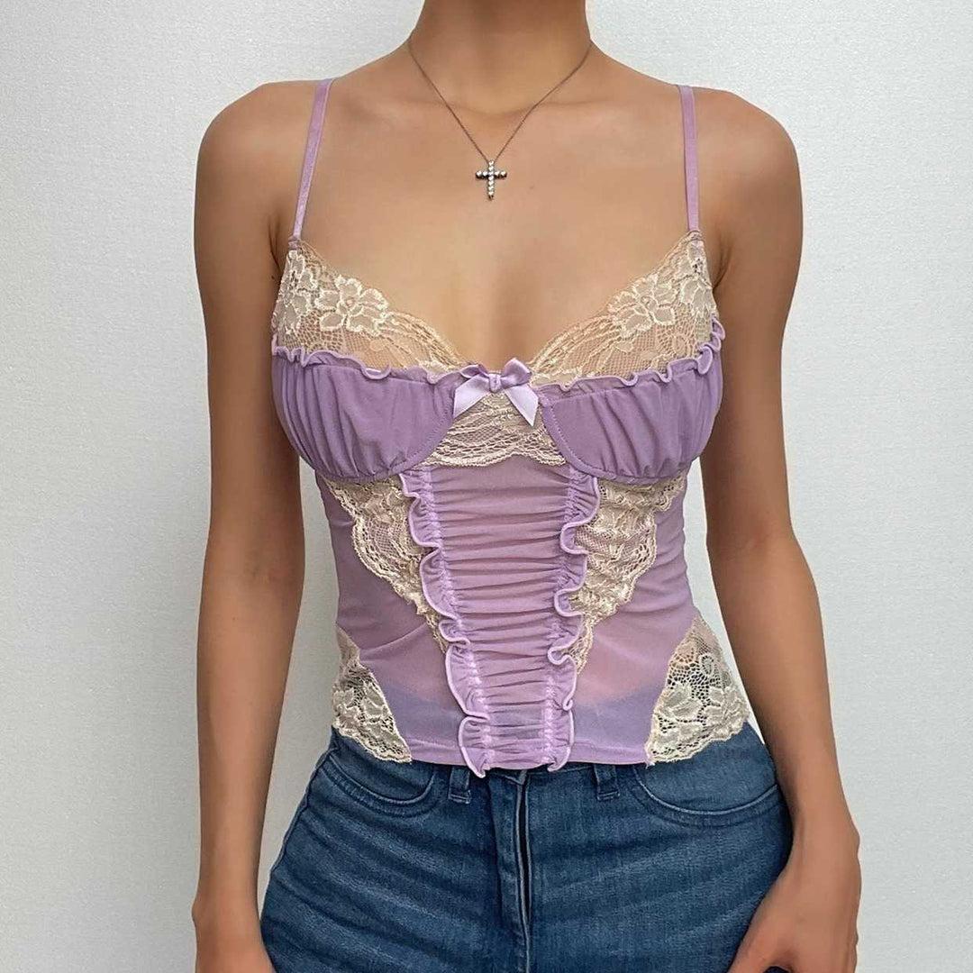Lace hem contrast ruffle ruched patchwork cross back crop top-final-sale