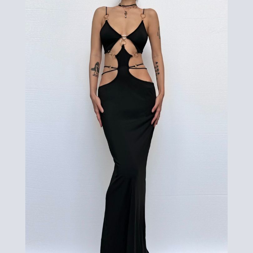 Hollow out o ring cross front slit cut out maxi dress  | Festival Outfits Women