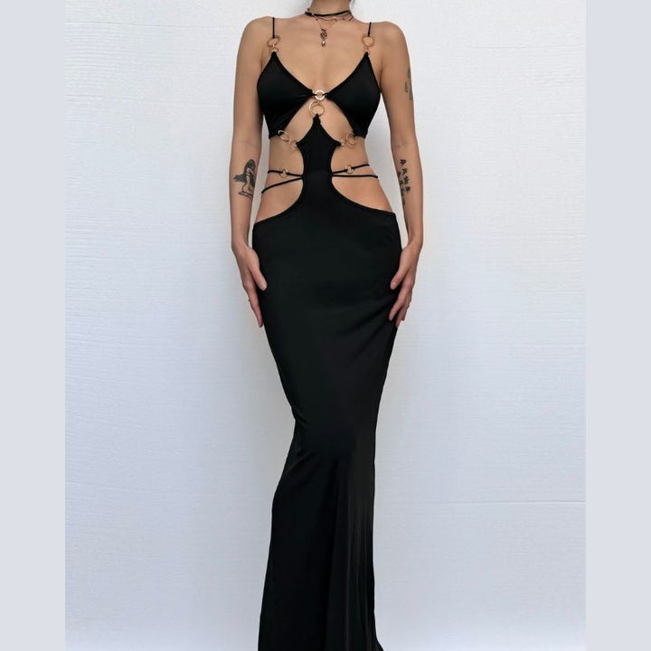Hollow out o ring cross front slit cut out maxi dress  | Festival Outfits Women
