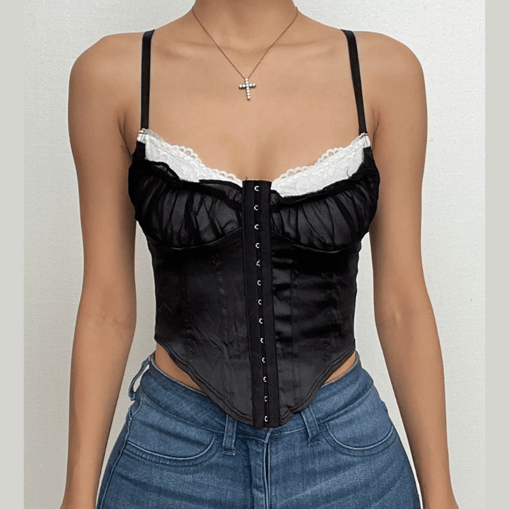 Button lace hem patchwork ruched contrast corset crop top  | Festival Outfits Women