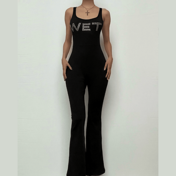 "WET" pattern beaded contrast u neck jumpsuit  | Festival Outfits Women