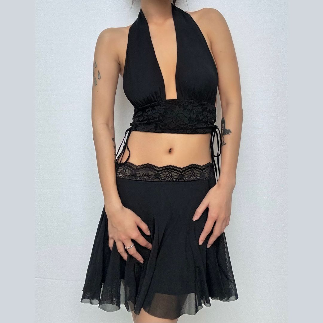 Lace hem A line mesh solid mini skirt  | Festival Outfits Women-final-sale