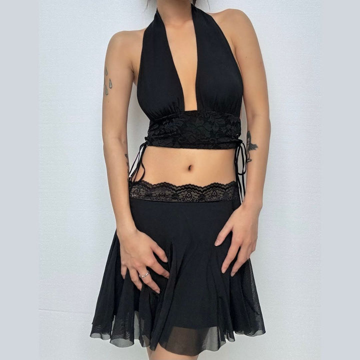 Lace hem A line mesh solid mini skirt  | Festival Outfits Women-final-sale