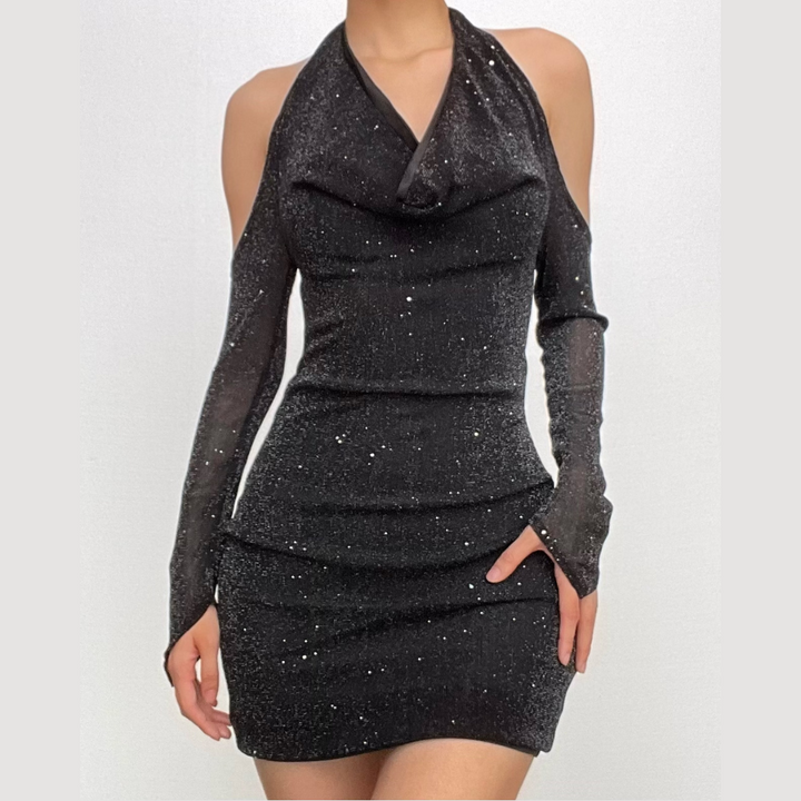 Long sleeve off shoulder halter cowl neck glitter mesh mini dress  | Festival Outfits Women-final-sale