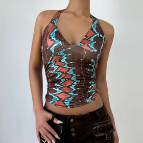 Ruched self tie halter v neck print contrast top  | Festival Outfits Women