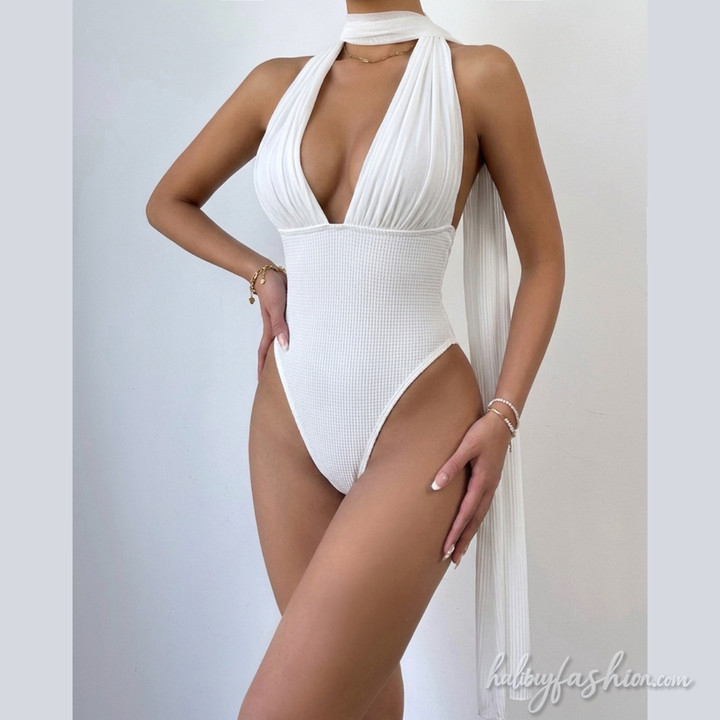 Halter ruched v neck backless solid bodysuit