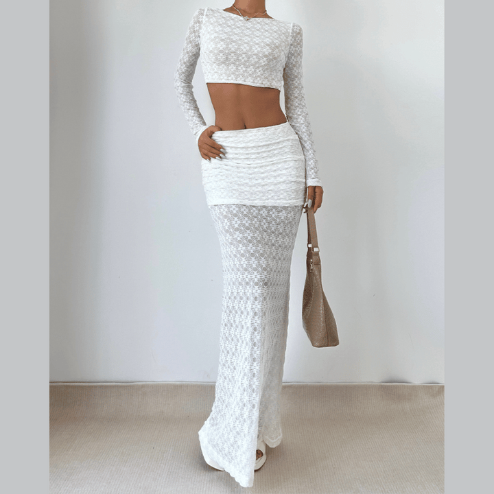 Long sleeve lace crewneck crop maxi skirt set  | Festival Outfits Women