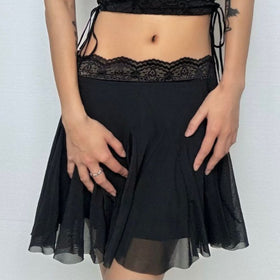 Lace hem A line mesh solid mini skirt  | Festival Outfits Women-final-sale