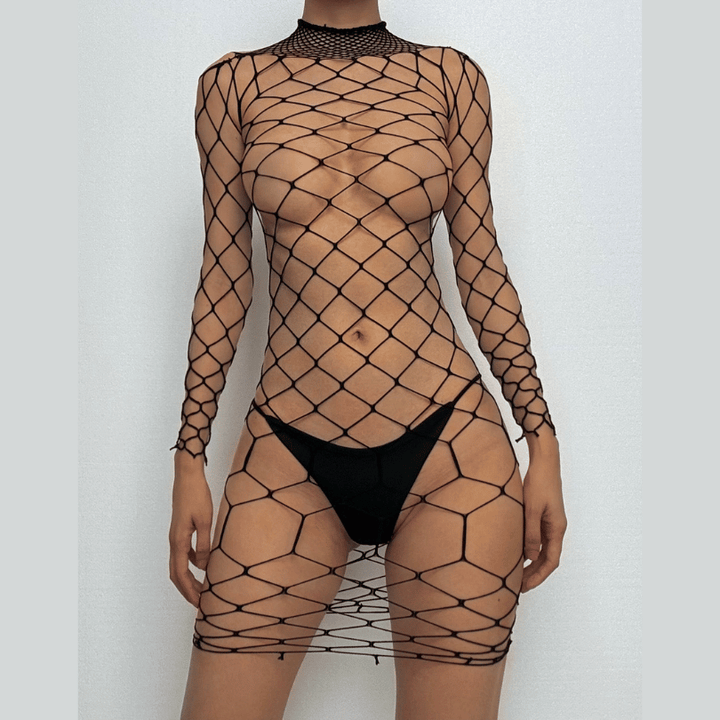 Long sleeve high neck fishnet hollow out lingerie set  | Festival Outfits Women