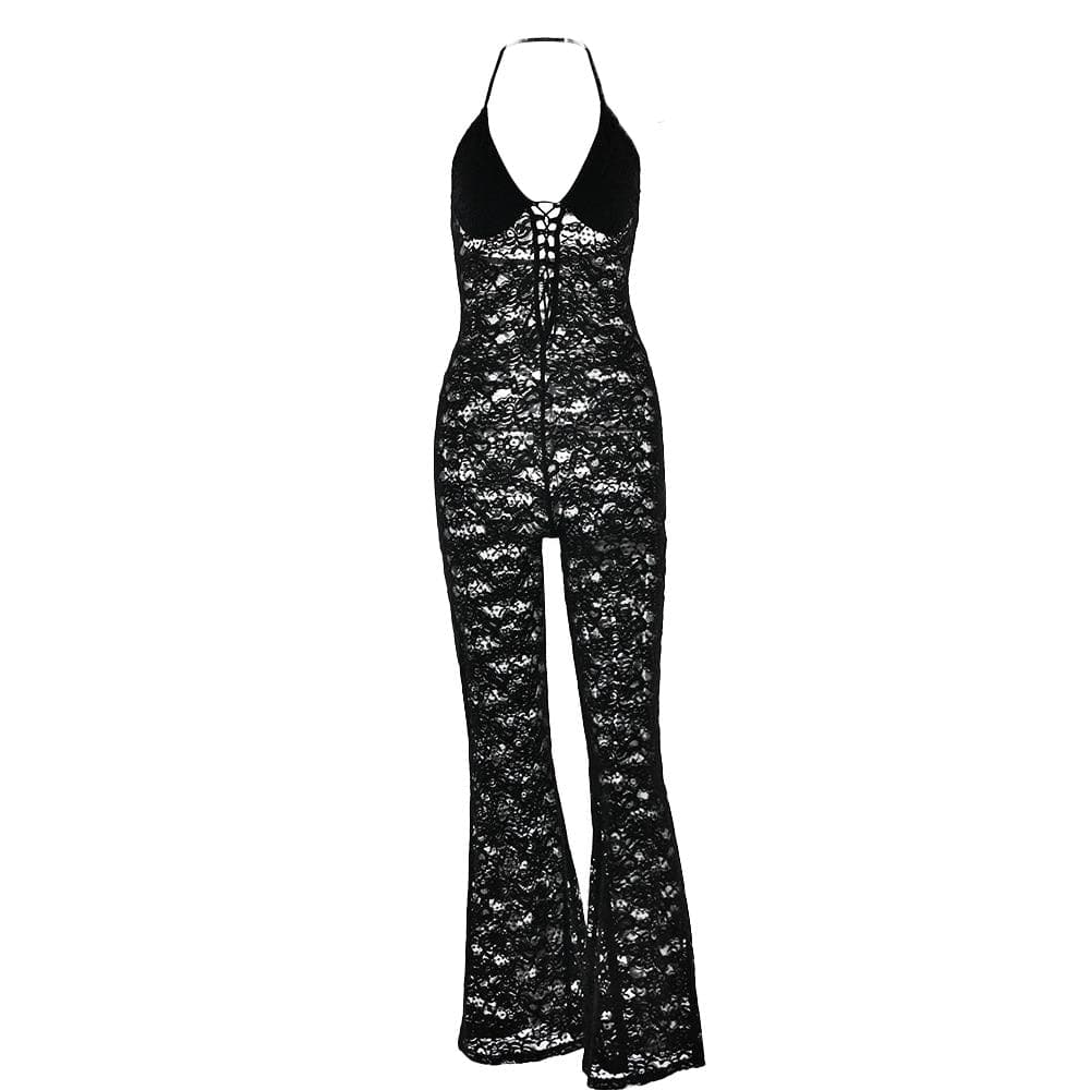 Halter lace lace up see through jumpsuit  | Festival Outfits Women