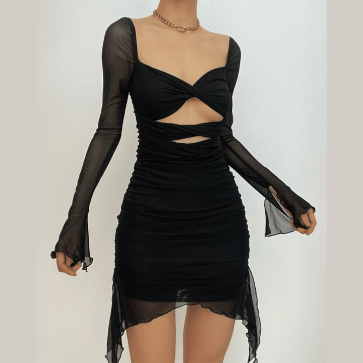 Long sleeve solid hollow out slit mesh ruched zip-up backless cut out mini dress-final-sale  | Festival Outfits Women