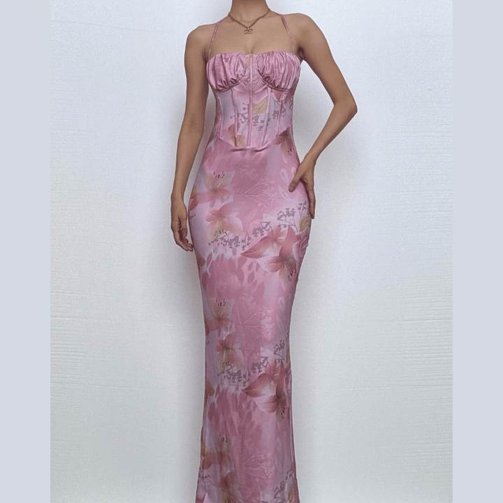Halter print ruched bustier high slit knotted maxi dress  | Festival Outfits Women