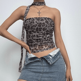 Leopard print ruched mesh 2 piece tube top  | Festival Outfits Women  | Cheetah Print Top