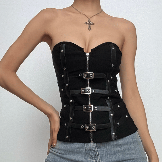 PU leather patchwork buckle zip-up tube top  | Festival Outfits Women