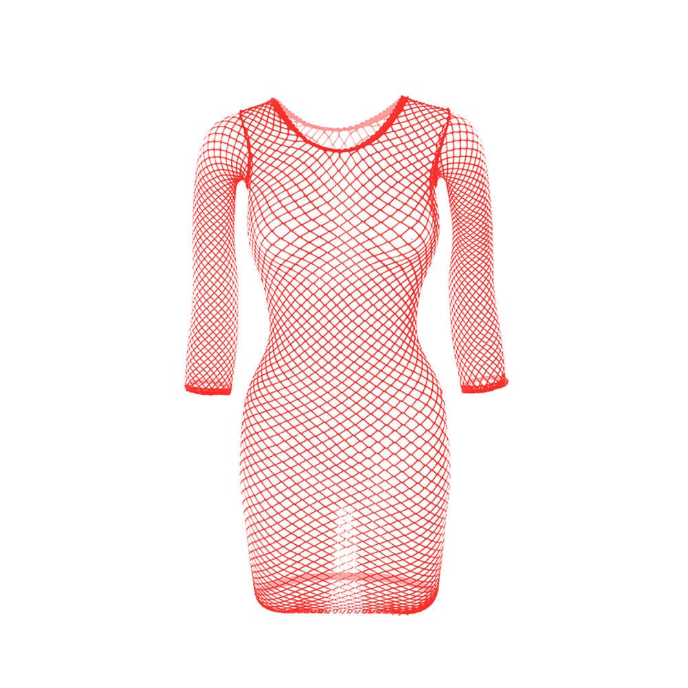 Long sleeve crewneck fishnet solid mini dress  | Festival Outfits Women