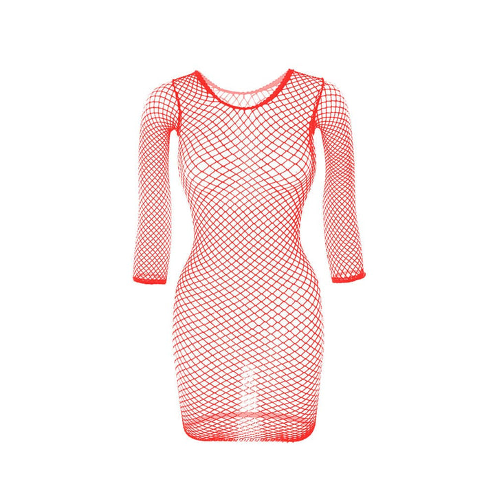 Long sleeve crewneck fishnet solid mini dress  | Festival Outfits Women