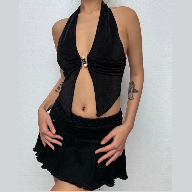 Halter deep V neck beaded ruched slit top  | Festival Outfits Women