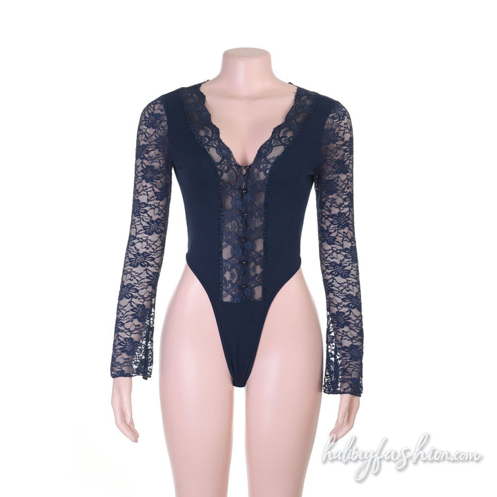 Long sleeve lace v neck button bodysuit - Halibuy - 3
