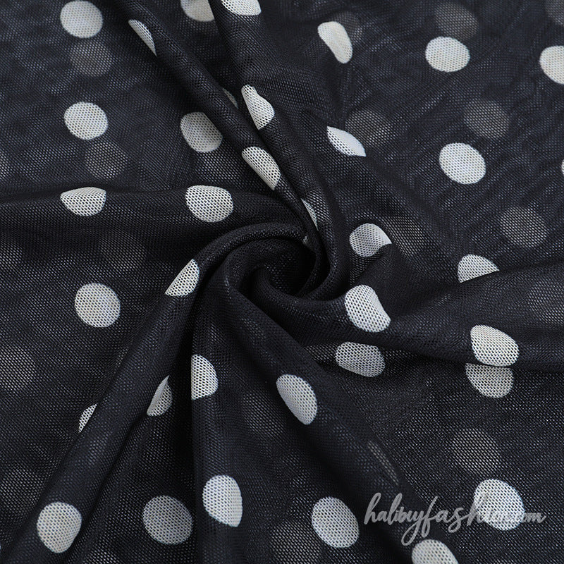 Polka dot hollow out ruched mesh cami maxi dress