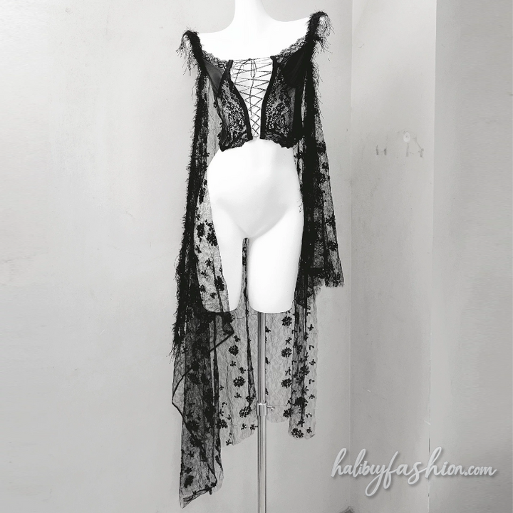 Lace up hollow out lace raw hem cami top - Halibuy - 2