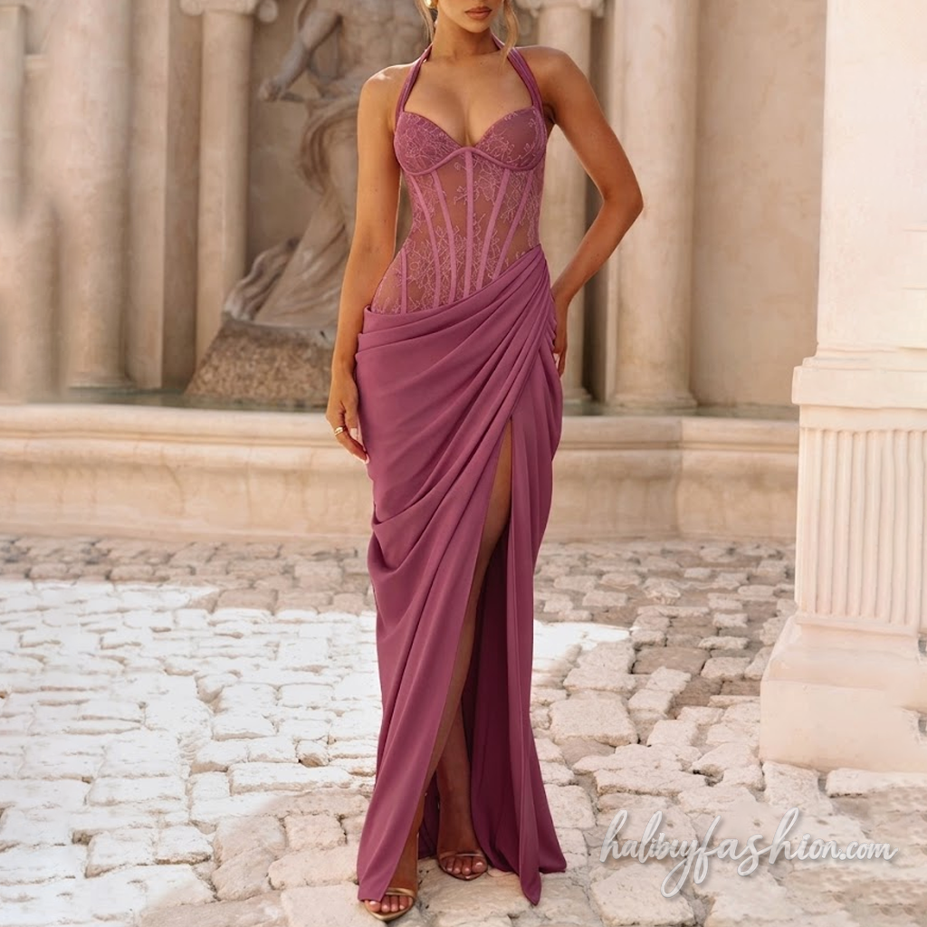 Self tie halter lace ruched irregular slit maxi dress - Halibuy - 23