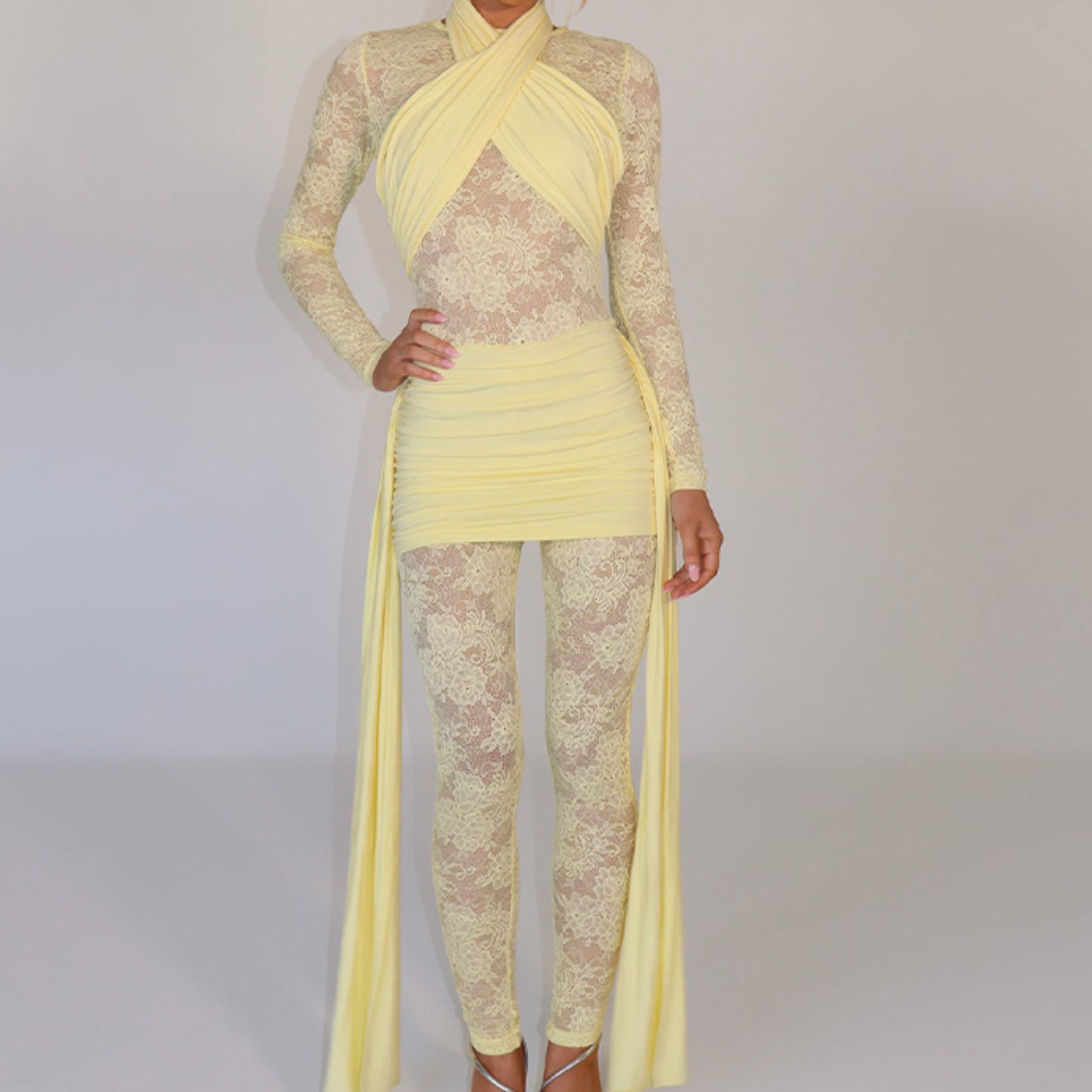Long sleeve ruched lace patchwork jumpsuit  | Festival Outfits Women