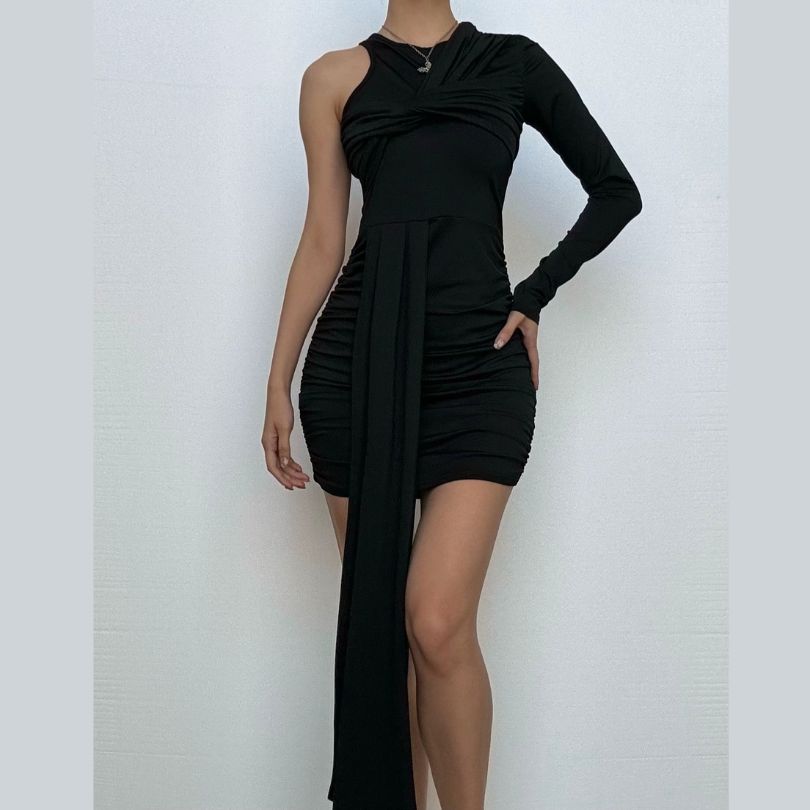 One shoulder long sleeve ruched mini dress  | Festival Outfits Women