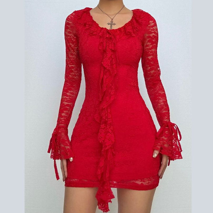 Long flared sleeve u neck lace ruffle mini dress-final-sale
